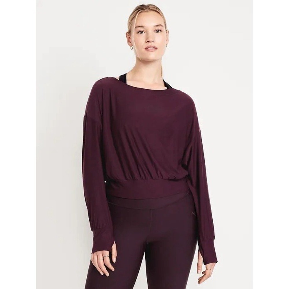 Old Navy Active Cloud94 Boat Neck Crop Top S‎ Go-Dry Burgundy Thumbhole Athletic